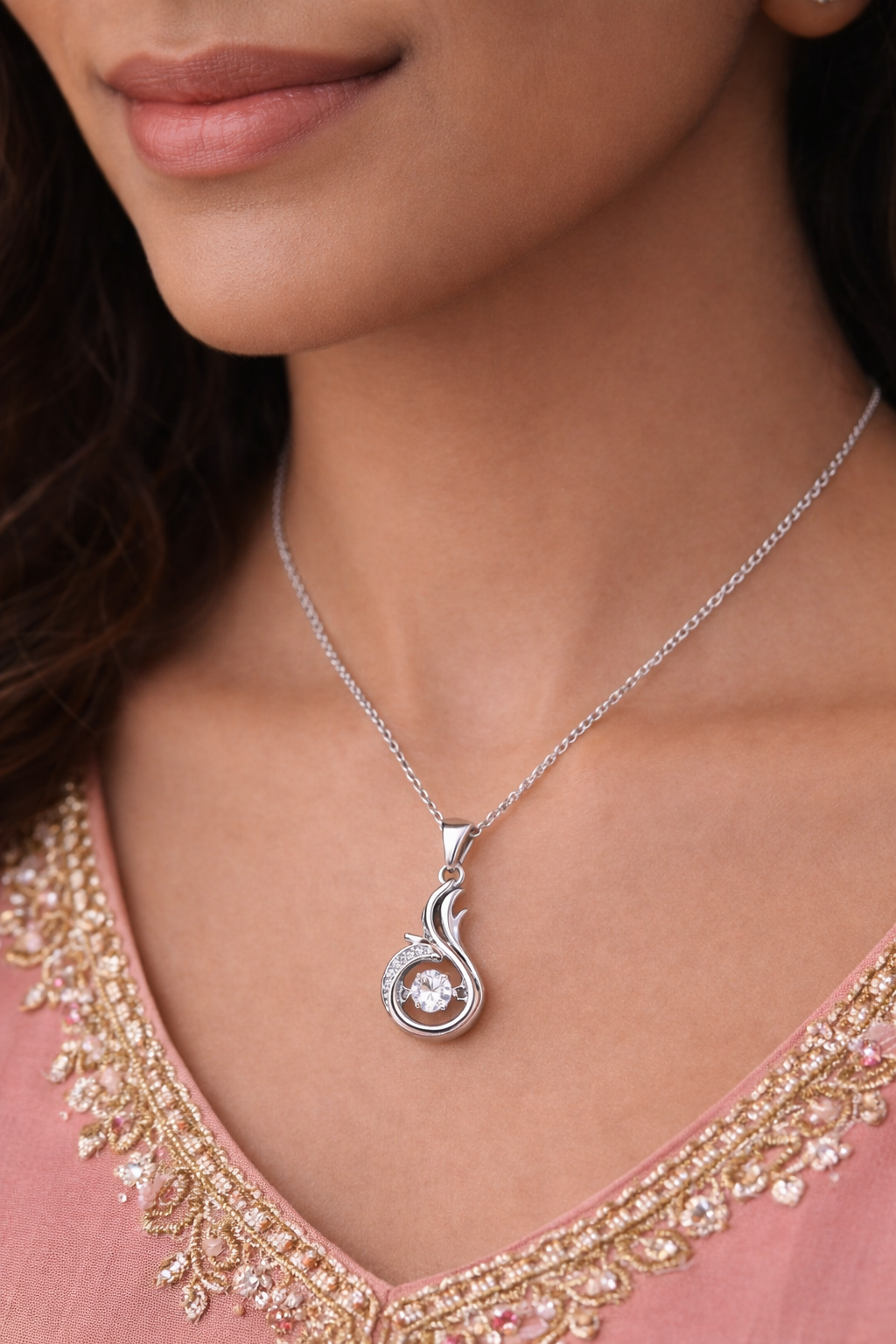 Graceful Swirl Pendant Necklace with Shimmering Dancing Gem